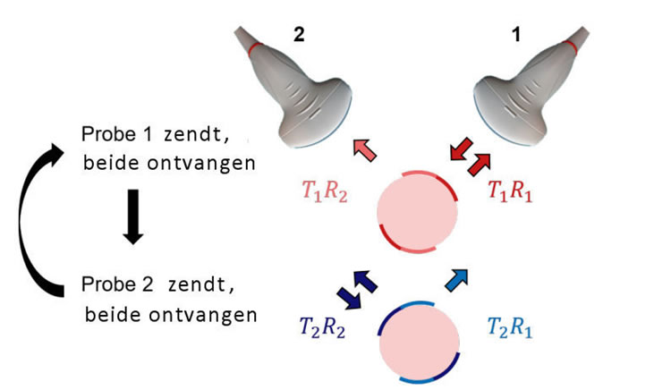 Figuur 1. Illustratie van de dubbele zend- en ontvangopstelling en alle vier de signalen in multiprobe beeldvorming. T is de zendende en R de ontvangende probe. Bron: Vera van Hal TUEindhoven