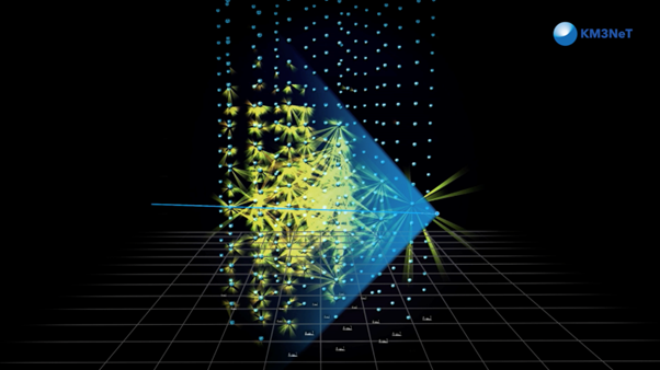 Figuur 3: een momentopname van de hoeveelheid licht in de KM3NeT-detector op het moment dat het extreem hoogenergetische muon er doorheen beweegt. De gereconstrueerde Tsjerenkovkegel in blauw laat zien wat de richting van het muon (en daarmee van het muon-neutrino) is. Bron: www.km3net.org 