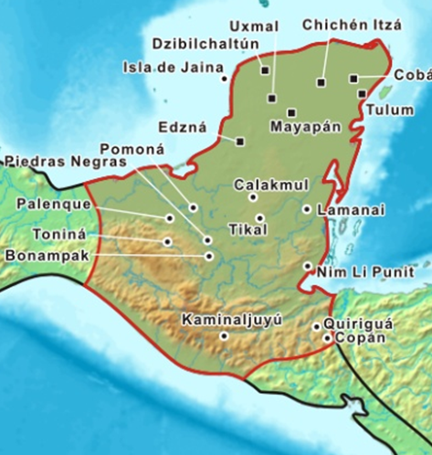 Figuur 3. Gebied van de Maya-beschaving (rood omlijnd) vóór de komst van de Spanjaarden. Bron: Wikipedia.