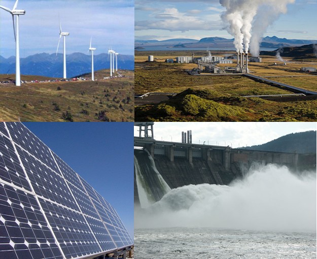 Figuur 1: Duurzame energiebronnen. Windmolens, geothermische energie en zonne- en waterenergie. Bron: WikiCommons.