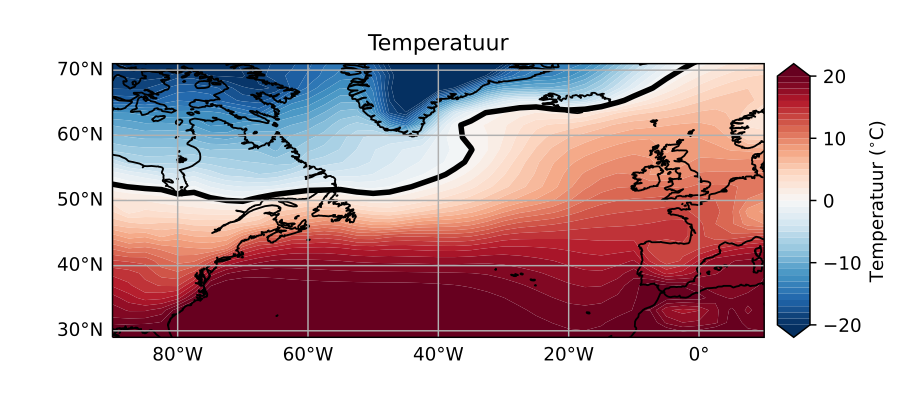 Temperatuurverdeling zeewater Atlantische Oceaan winter